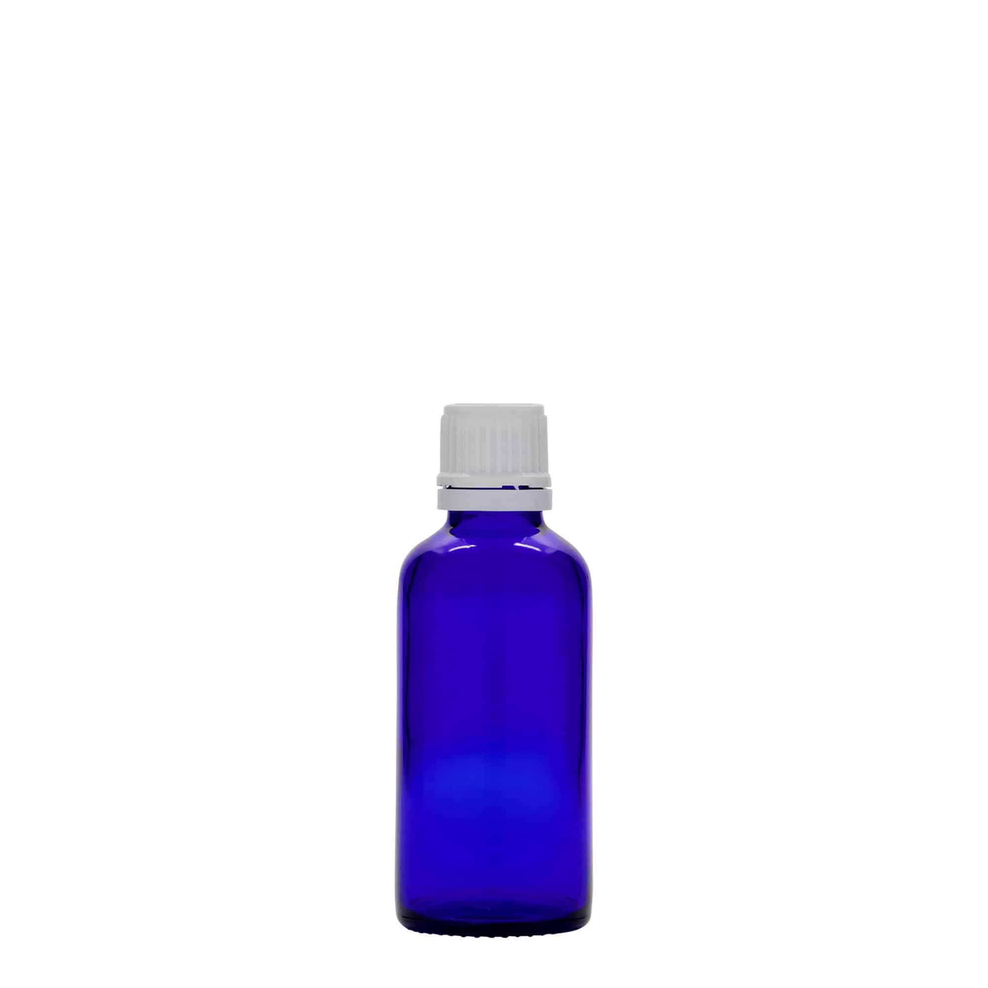 50 ml medicinflaska, glas, kungligt blå, öppning: DIN 18