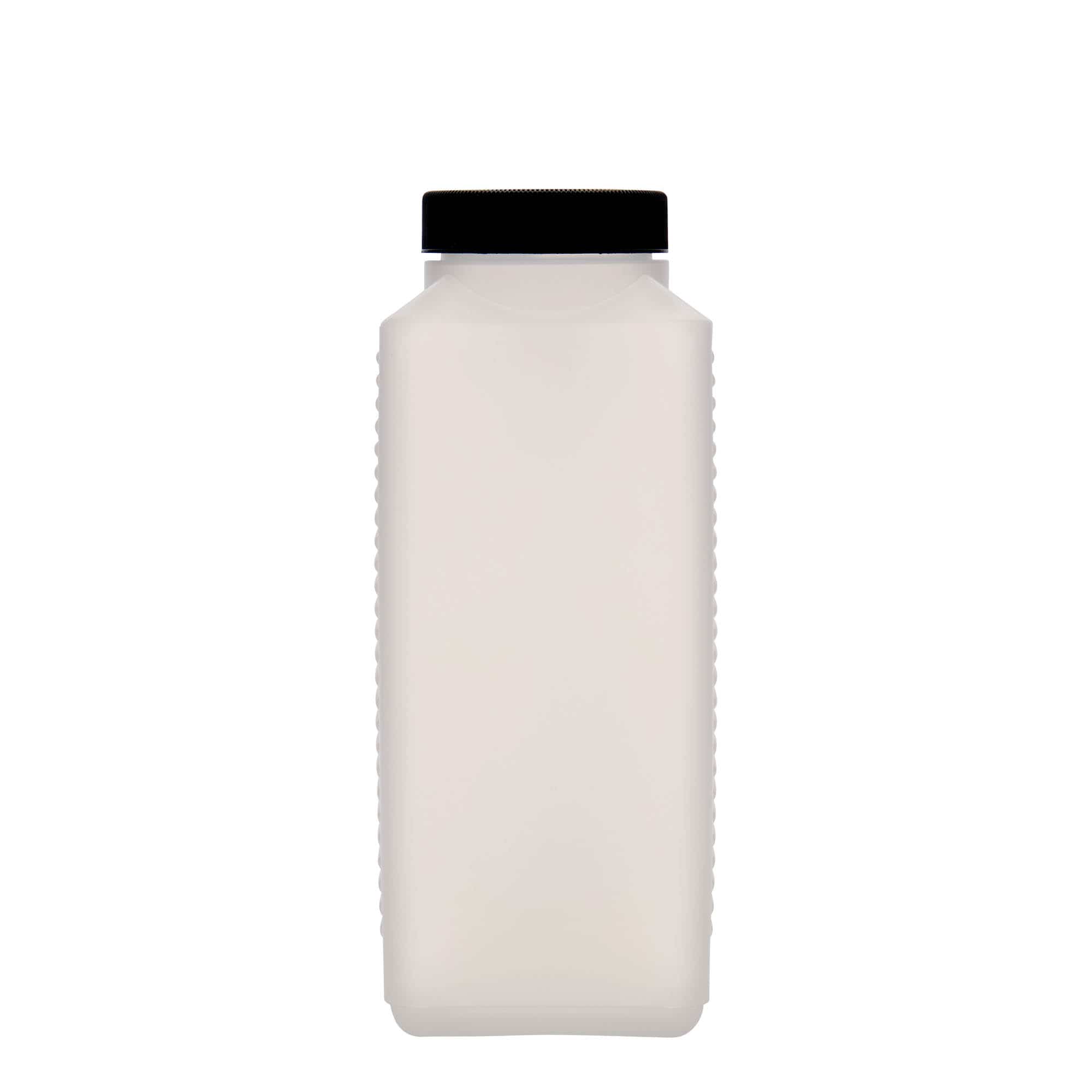 1 000 ml flaska med bred hals, rektangulär, HDPE-plast, natur, mynning: DIN 60 EPE