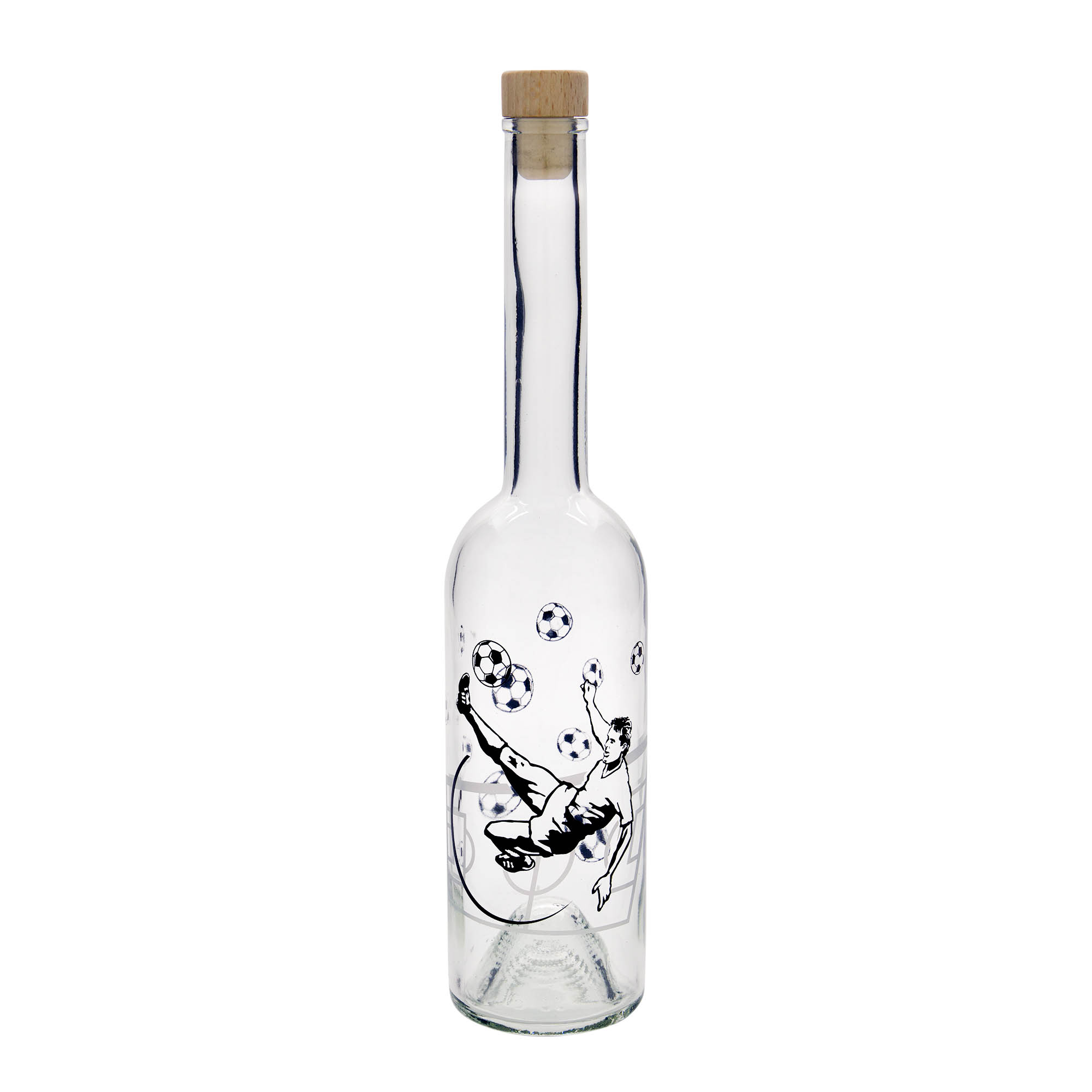 500 ml glasflaska 'Opera', motiv: fotbollsspelare, öppning: kork