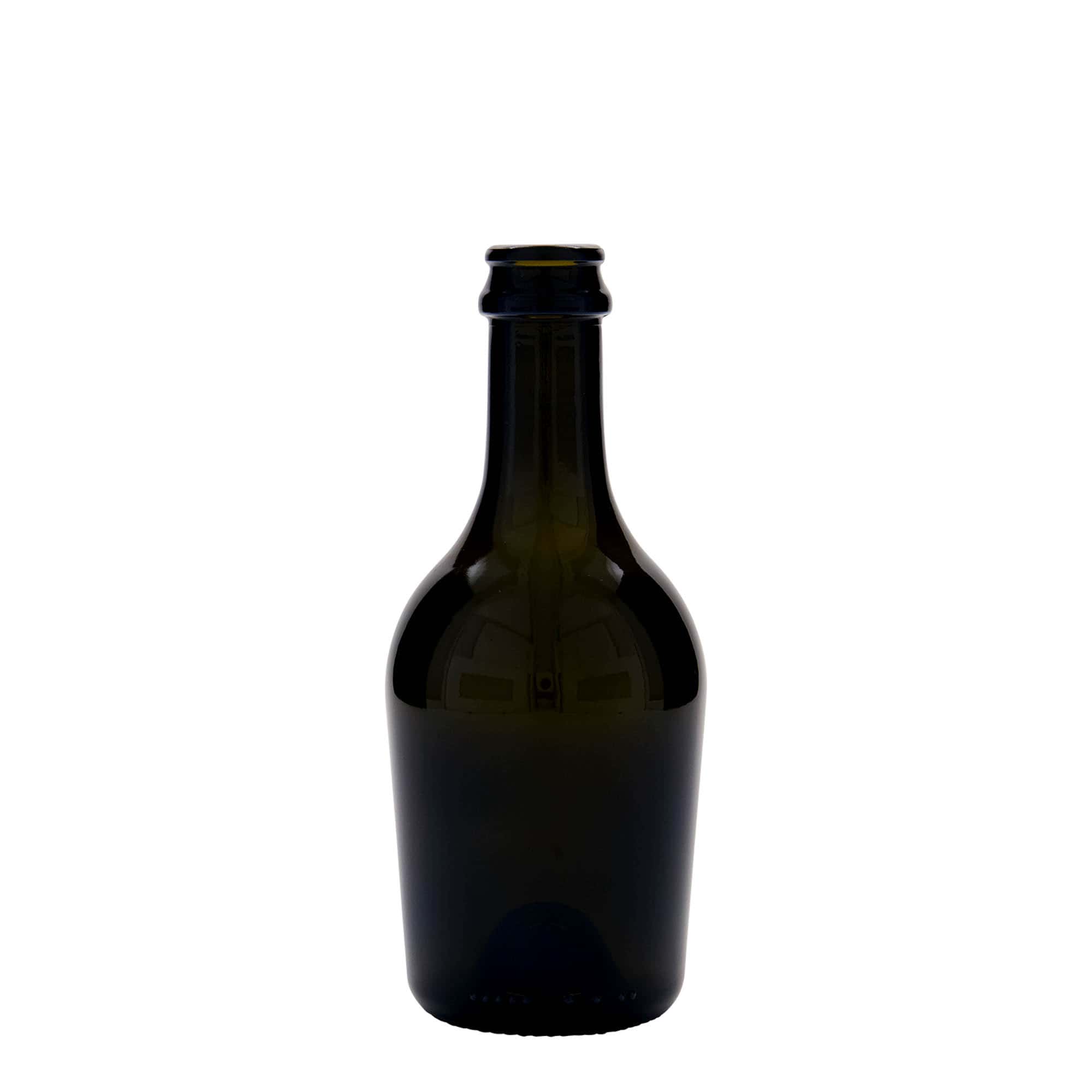 330 ml öl-/champagneflaska 'Butterfly', glas, antikgrön, öppning: kronkapsyl