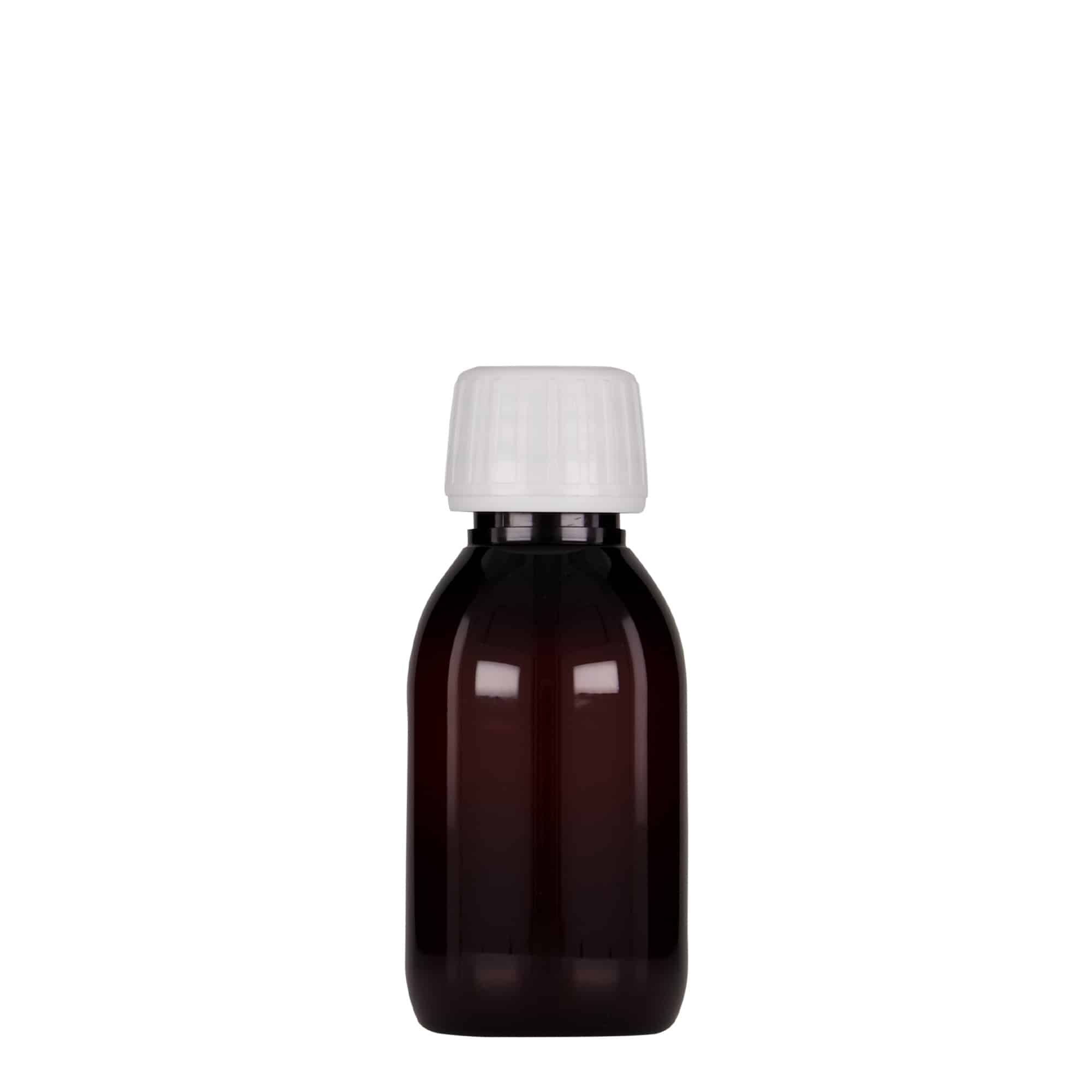 100 ml PET-medicinflaska, brun, plast, mynning: PP 28