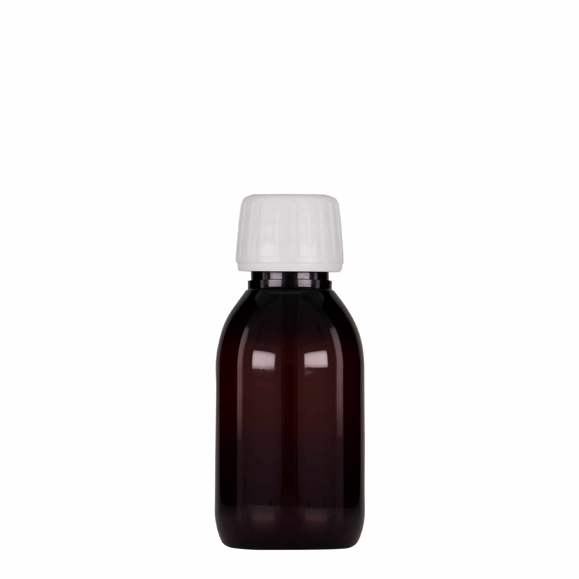 100 ml PET-medicinflaska, brun, plast, öppning: PP 28