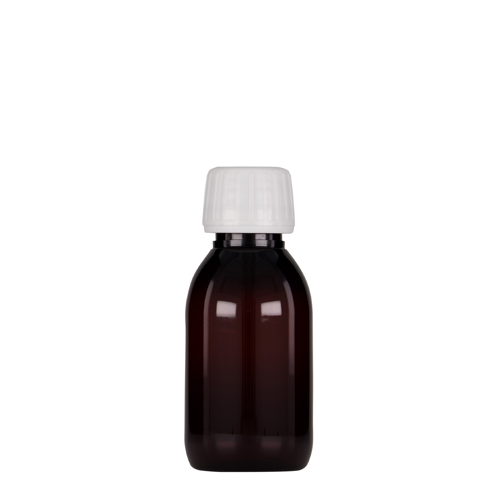 100 ml PET-medicinflaska, brun, plast, öppning: PP 28