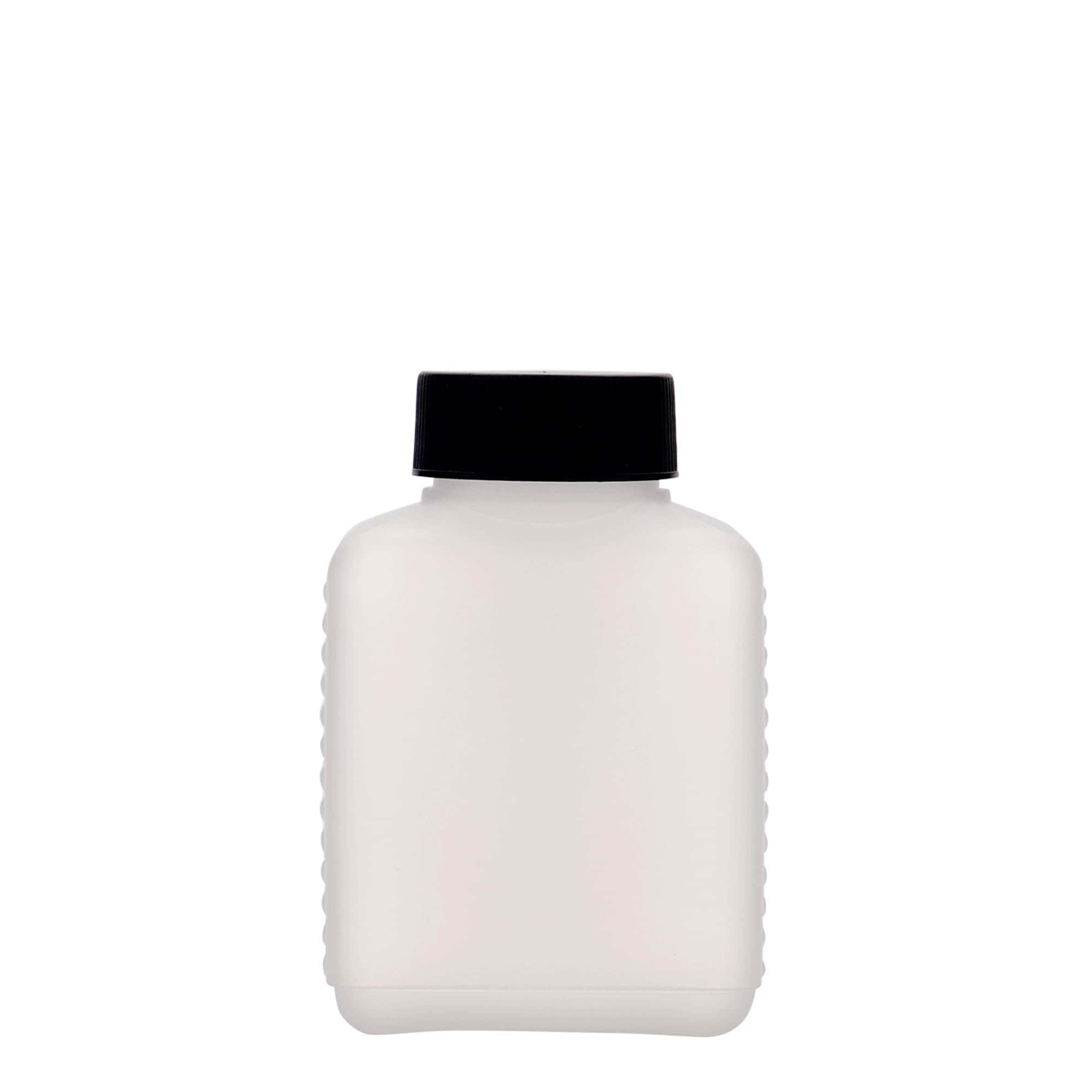 250 ml bredhalsflaska, rektangulär, HDPE-plast, natur, öppning: DIN 40 EPE