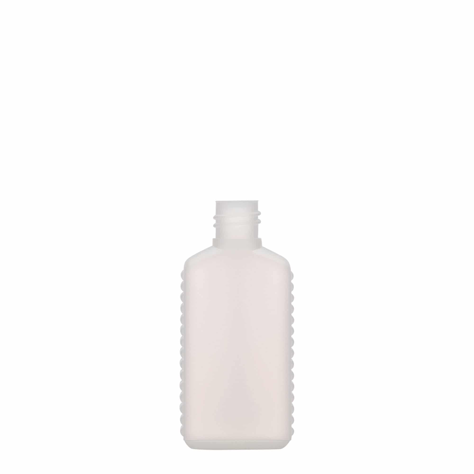 50 ml dunkflaska med smal hals, rektangulär, HDPE-plast, natur, mynning: DIN 18