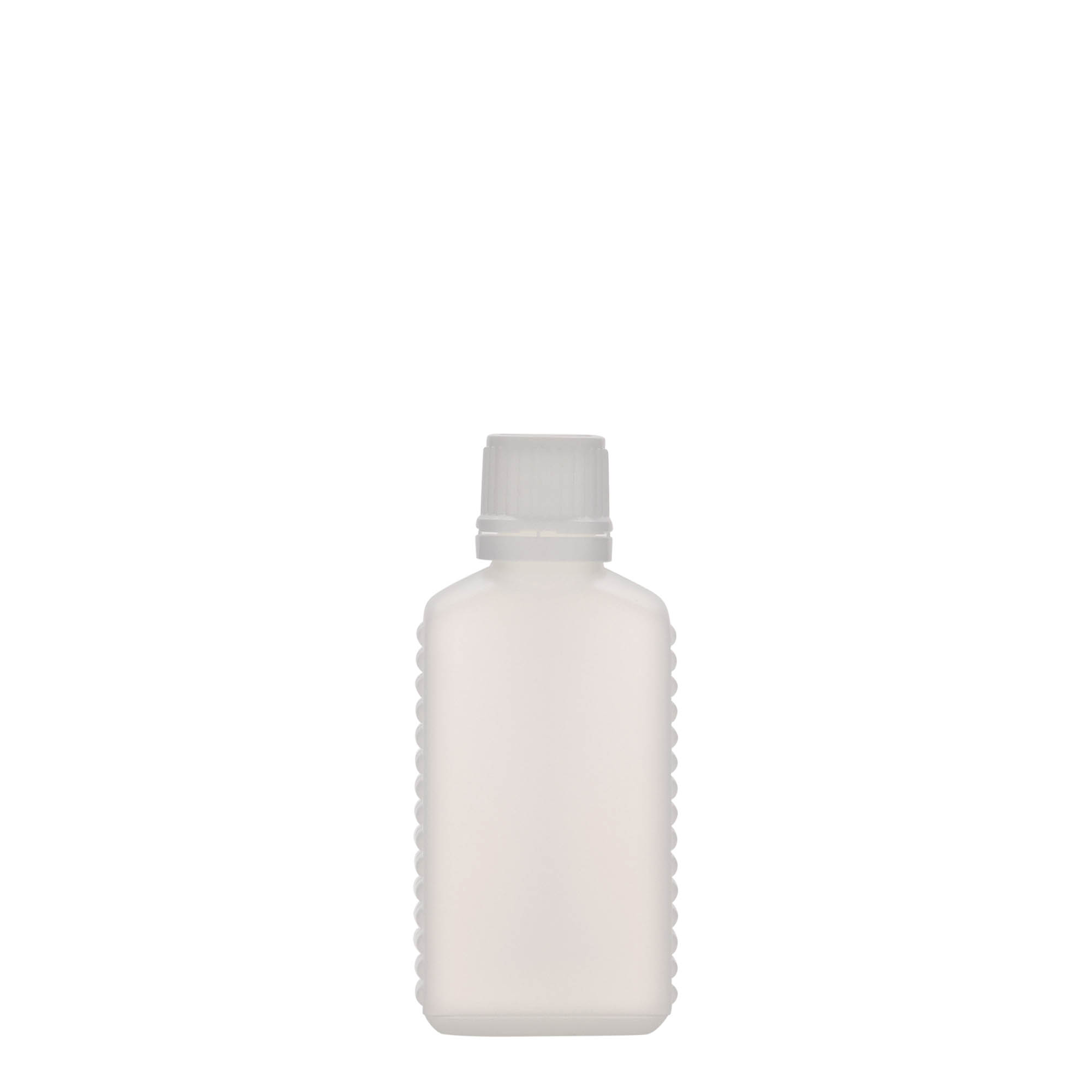 50 ml dunkflaska med smal hals, rektangulär, HDPE-plast, naturfärgad, öppning: DIN 18
