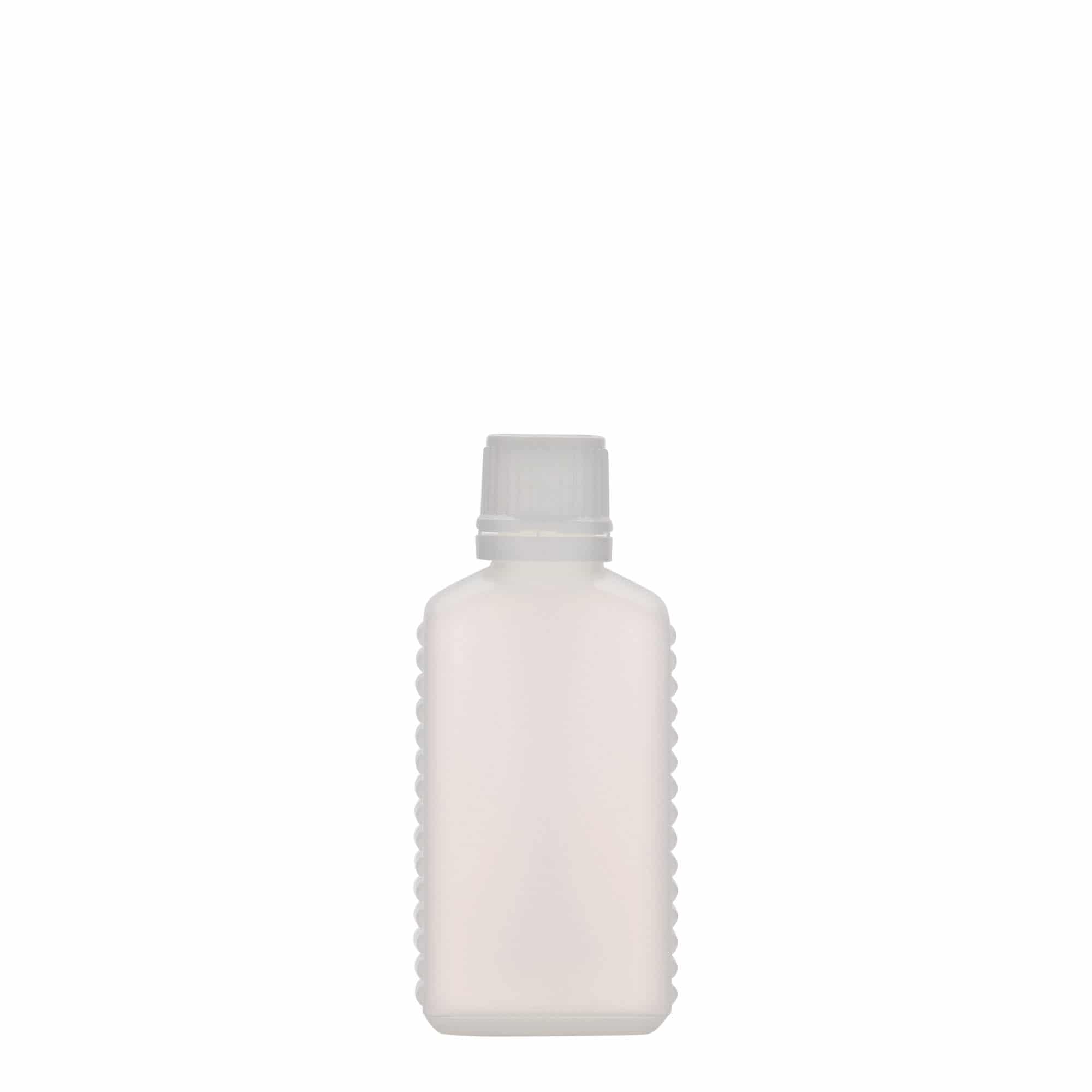 50 ml dunkflaska med smal hals, rektangulär, HDPE-plast, naturfärgad, öppning: DIN 18