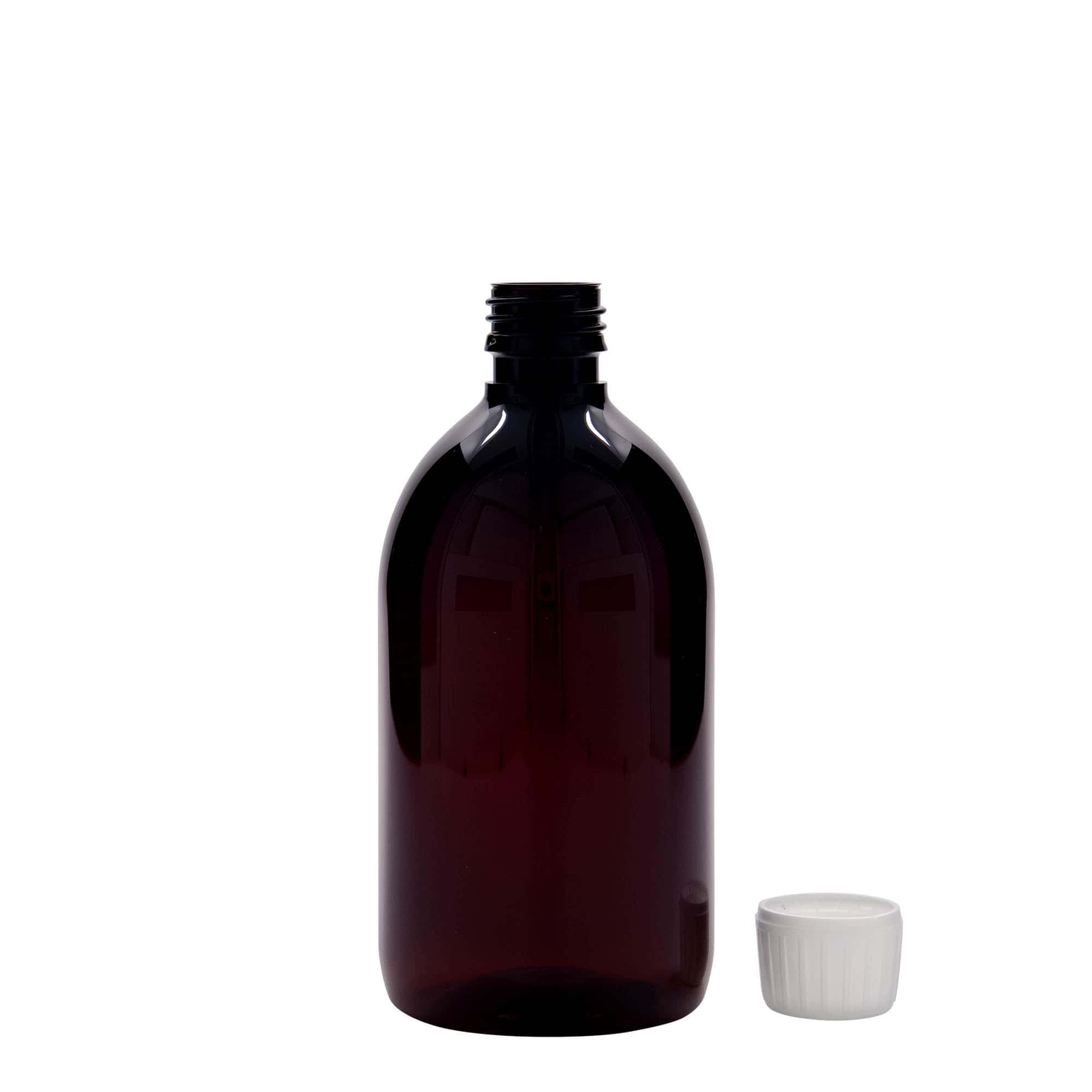 500 ml PET-medicinflaska, brun, plast, mynning: PP 28