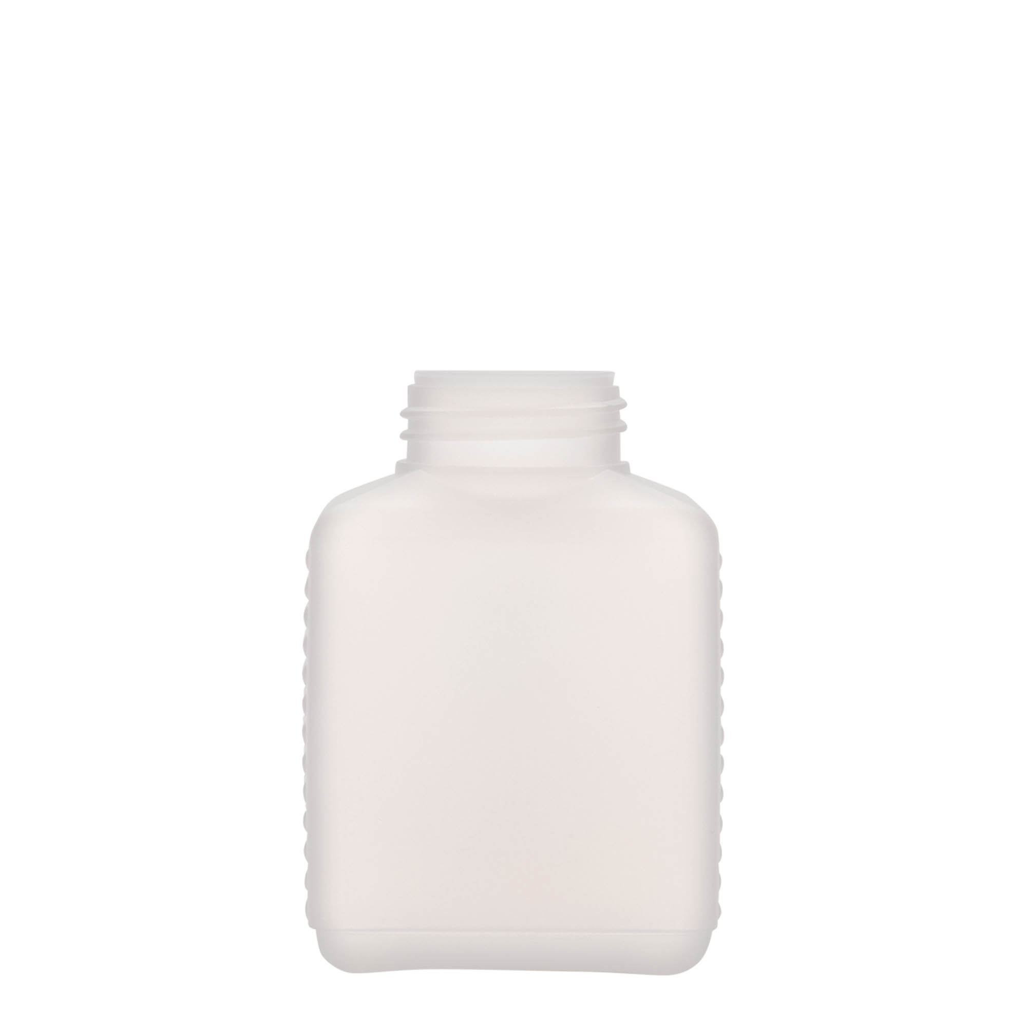 250 ml bredhalsflaska, rektangulär, HDPE-plast, natur, öppning: DIN 40 EPE