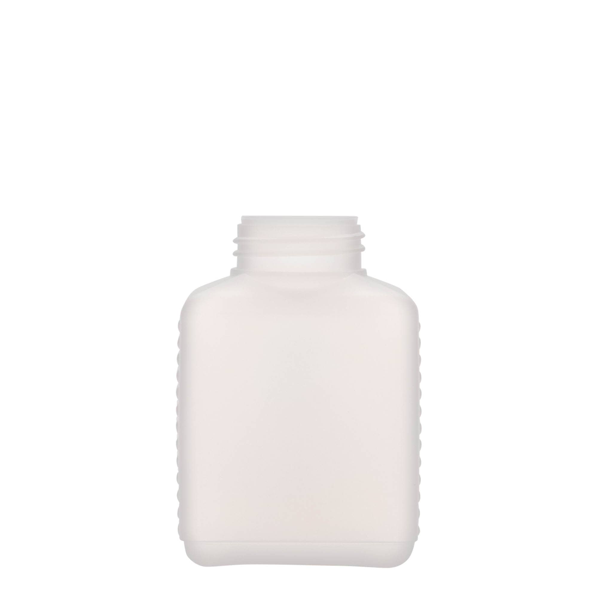 250 ml bredhalsflaska, rektangulär, HDPE-plast, natur, öppning: DIN 40 EPE