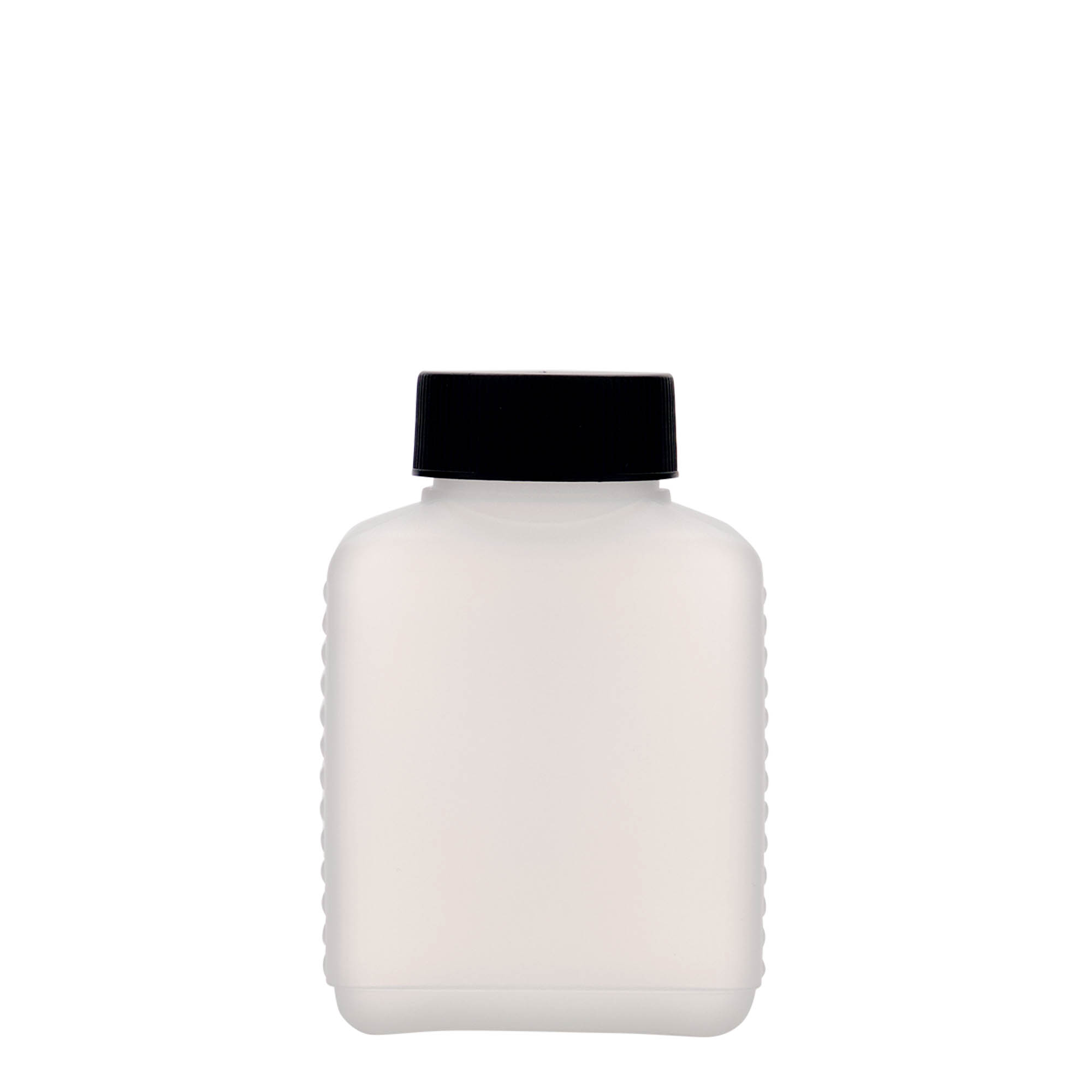 250 ml bredhalsflaska, rektangulär, HDPE-plast, natur, öppning: DIN 40 EPE