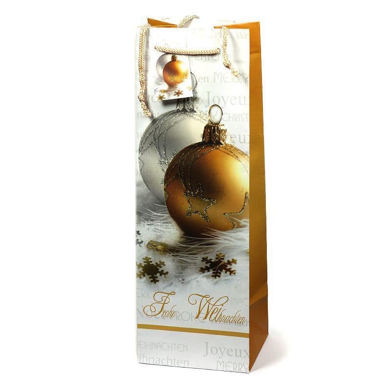 Presentpåse för flaska, motiv: God Jul, kvadratisk, papper, guld
