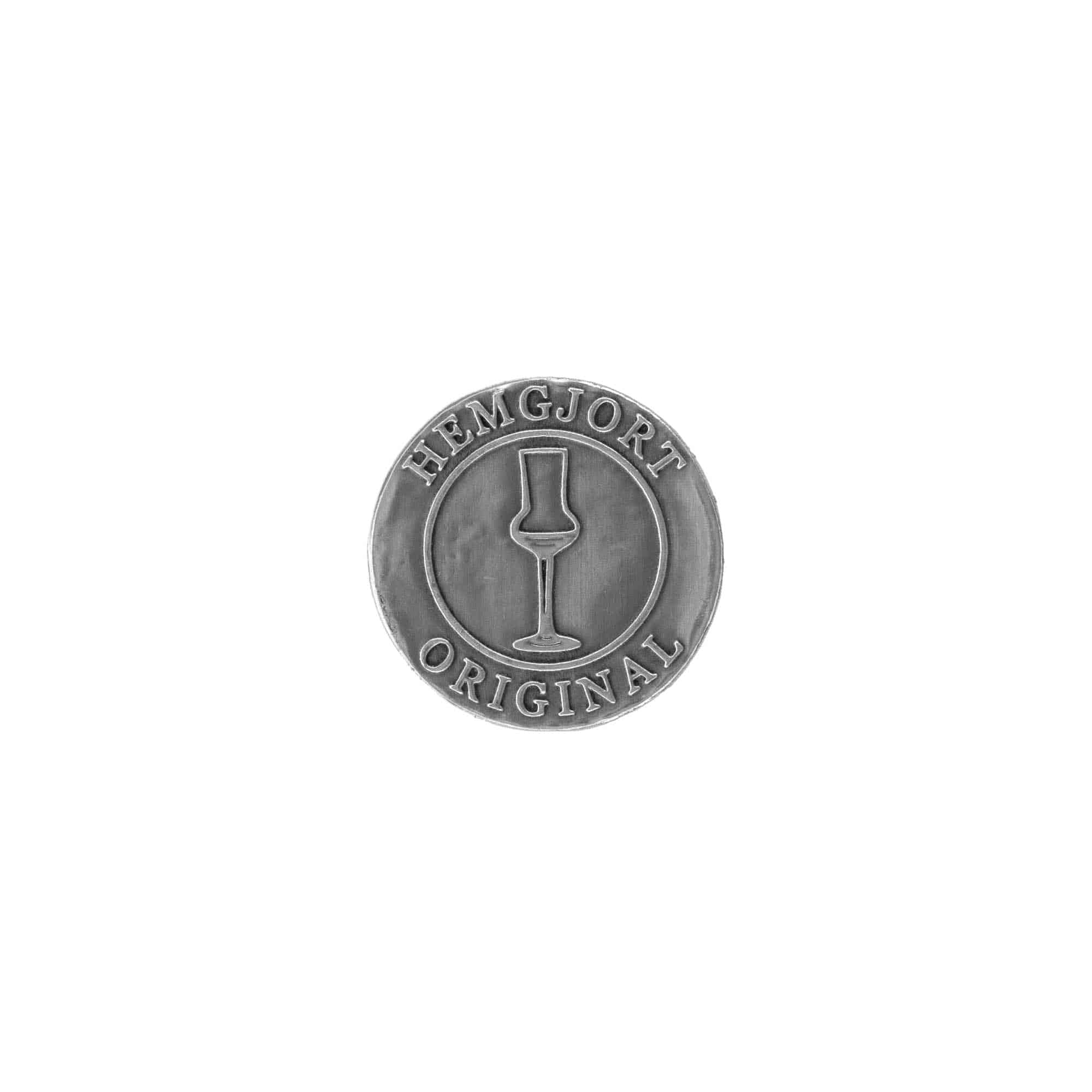 Tennetikett 'Hemgjort', rund, metall, silver