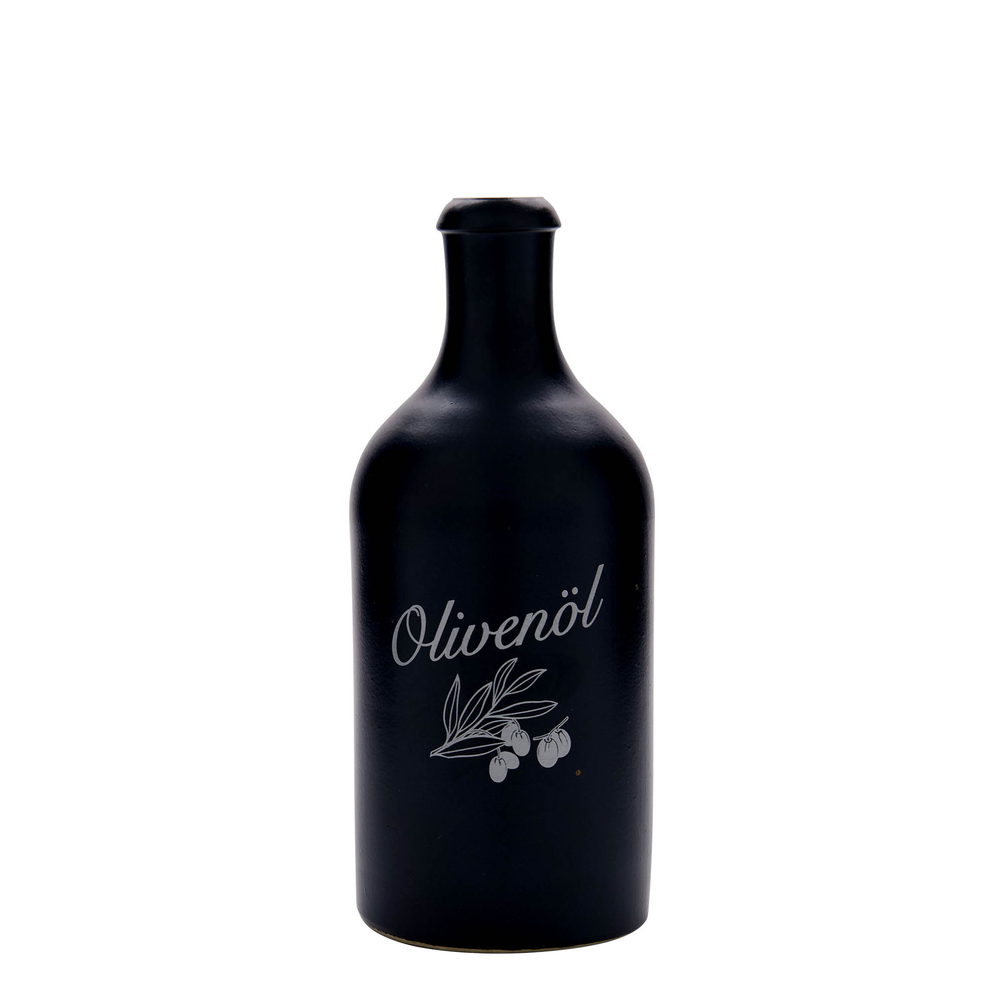 500 ml lerkanna, motiv: olivolja, stengods, svart, mynning: kork