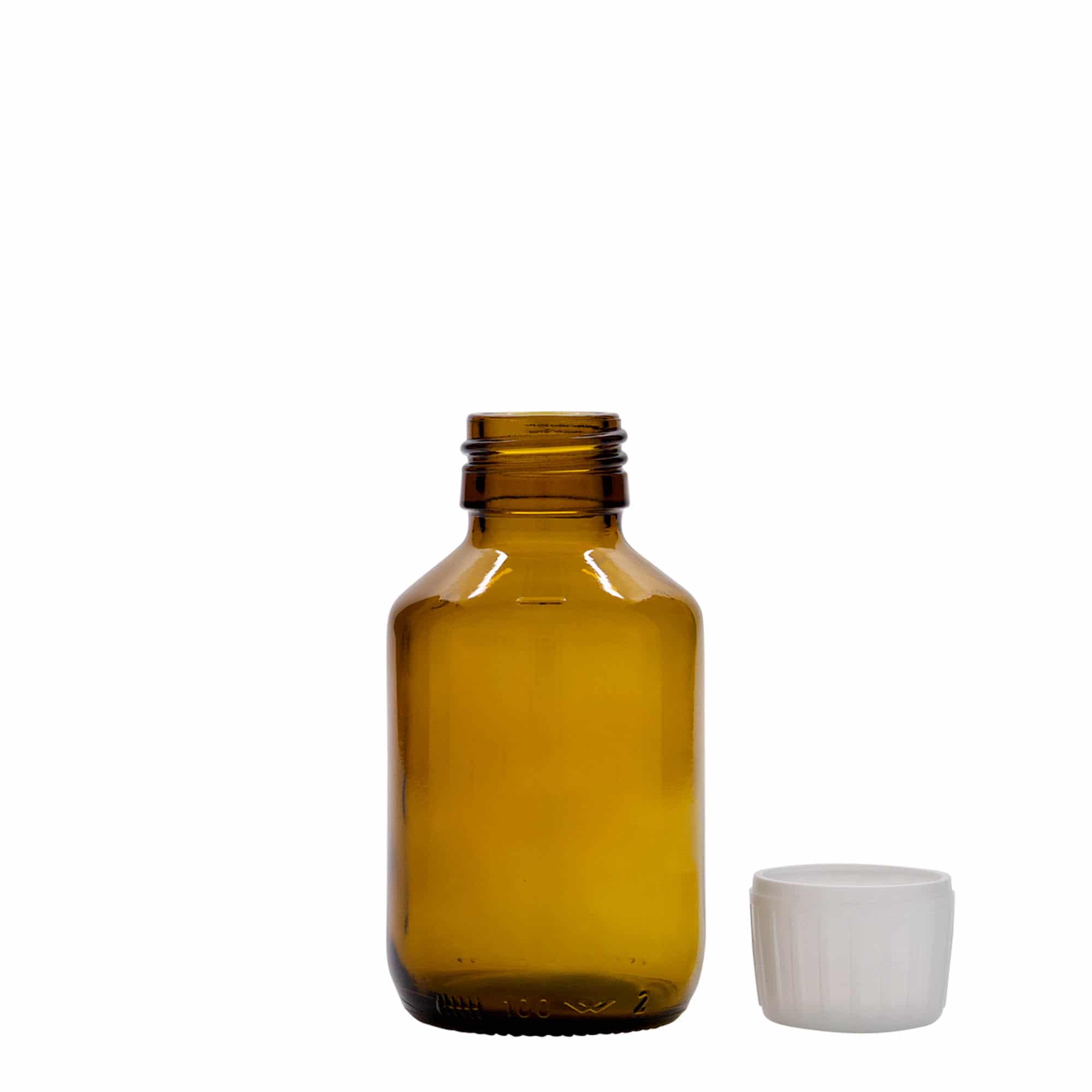 100 ml medicinflaska, brun, glas, mynning: PP 28