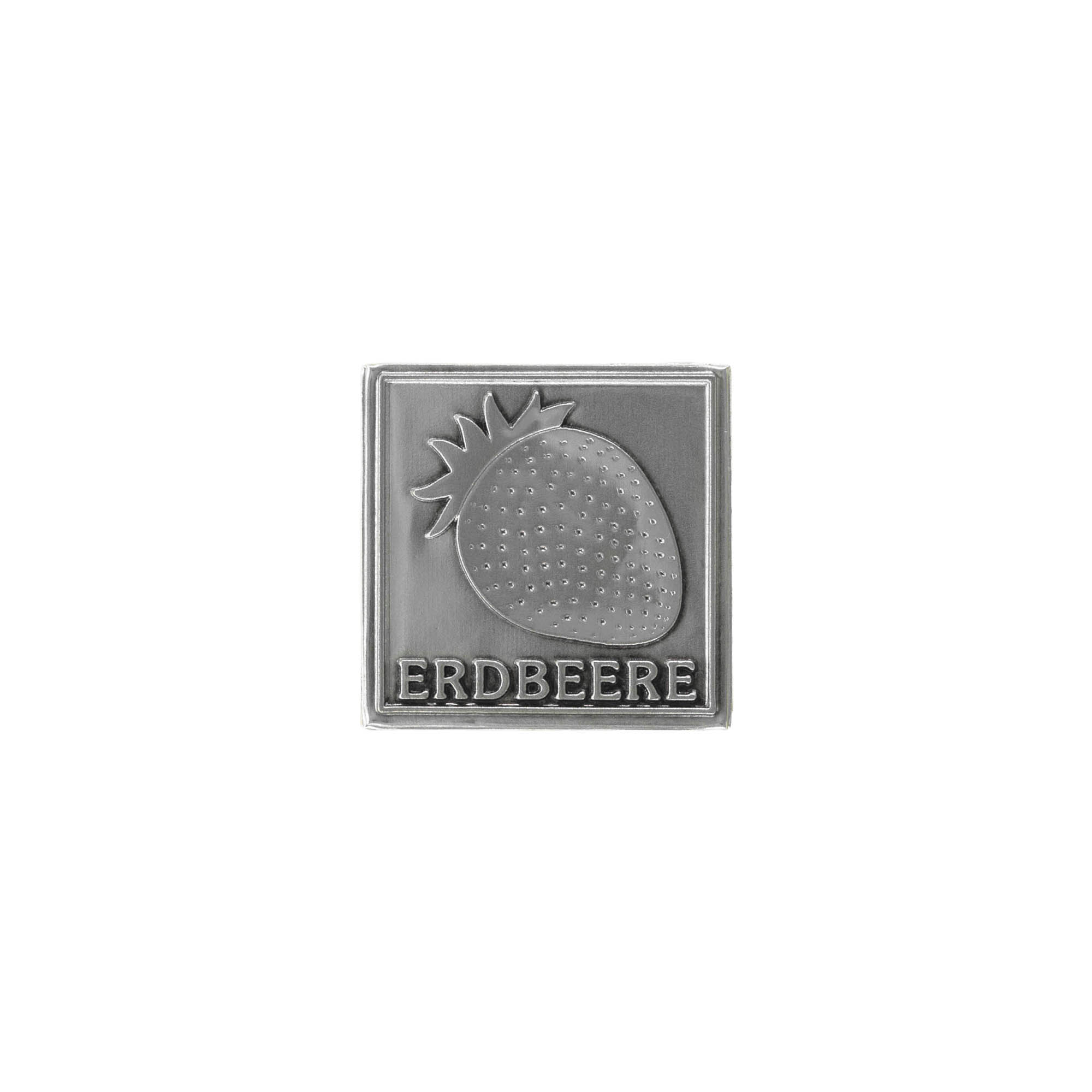 Tennetikett 'Jordgubbe', kvadratisk, metall, silver
