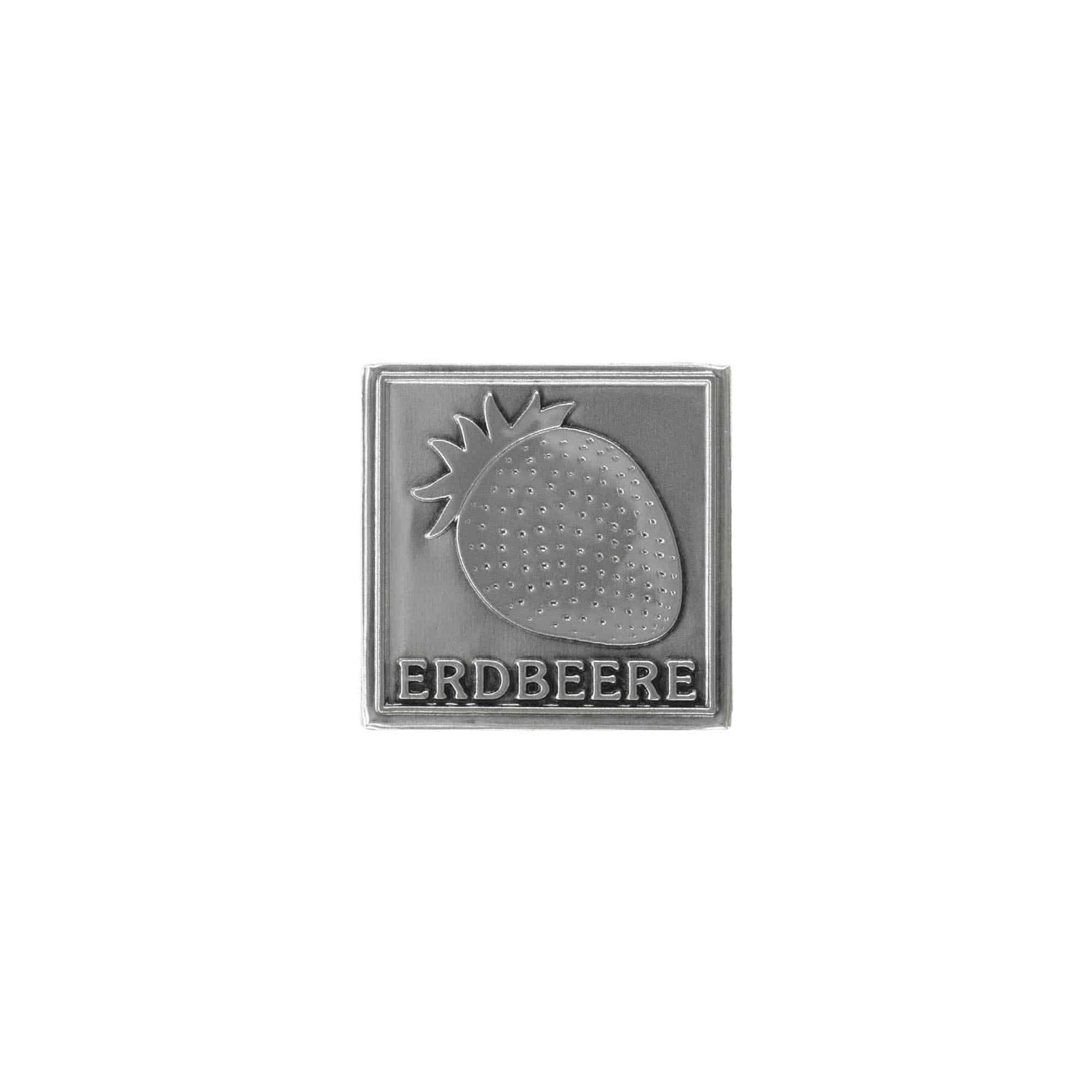Tennetikett 'Jordgubbe', kvadratisk, metall, silver
