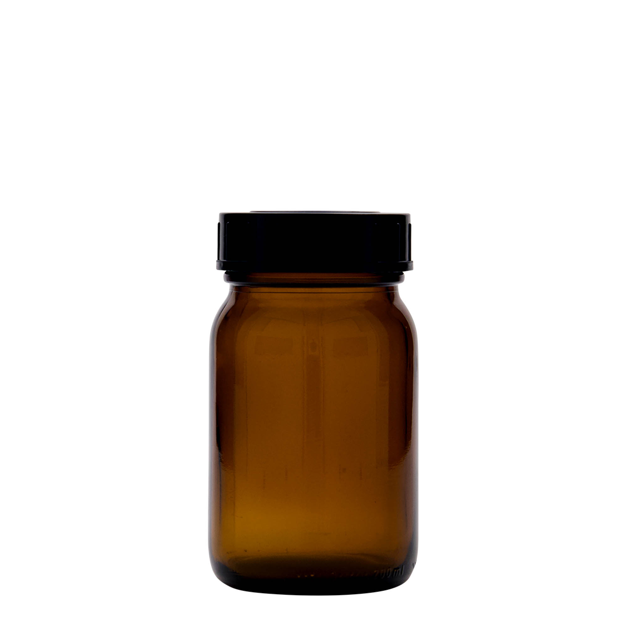 200 ml vid hals, brunt glas, mynning: DIN 55