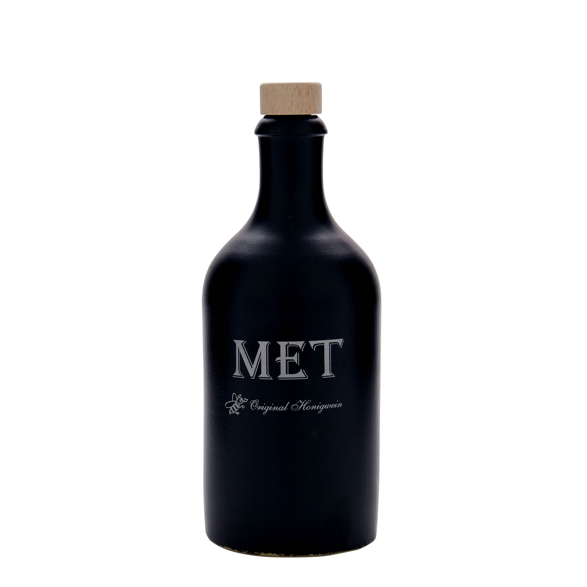 500 ml lerkrus, motiv: met, stengods, svart, mynning: kork