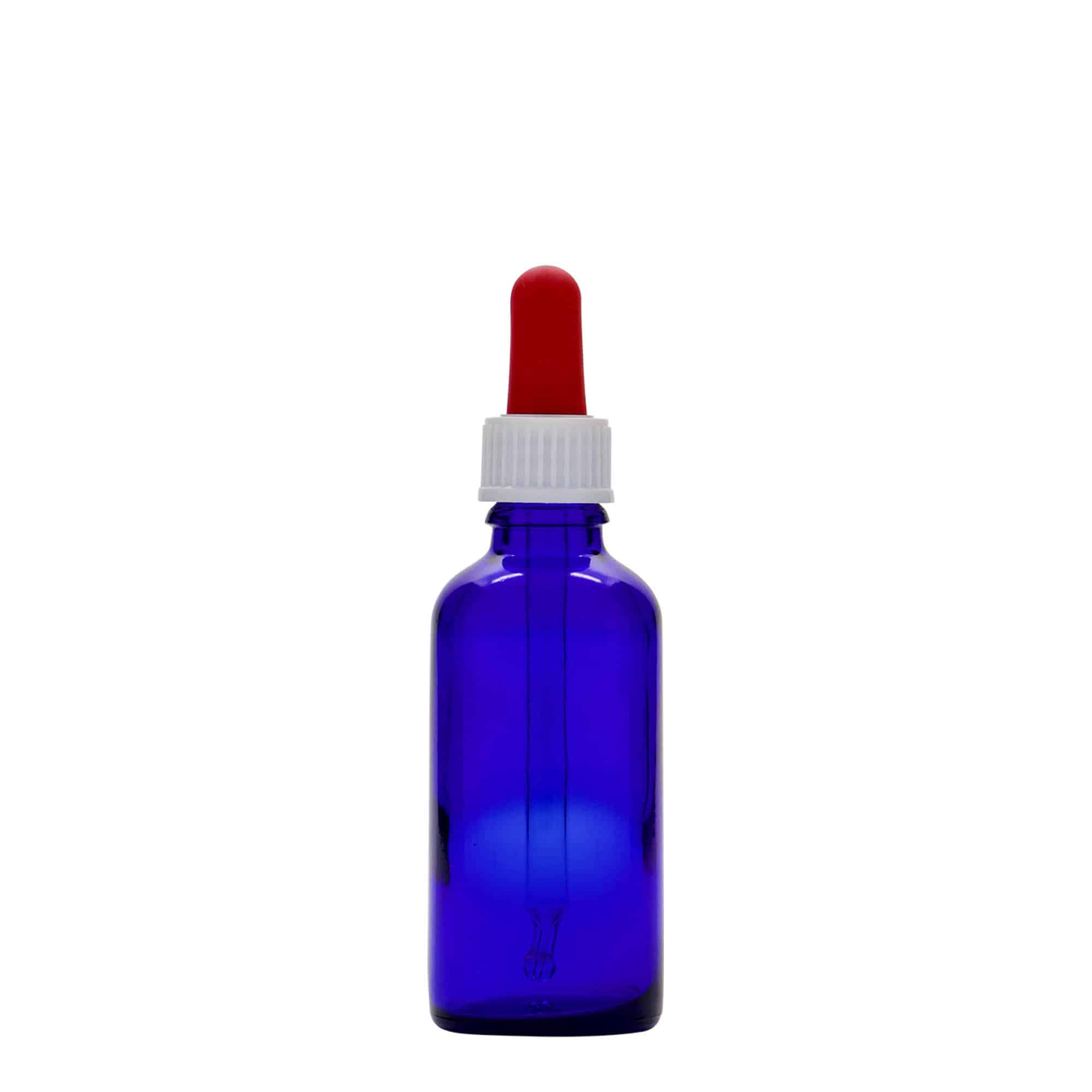 50 ml flaska med pipett, medicin, glas, kungsblå-röd, mynning: DIN 18 50 ml flaska med pipett, medicin, glas, kungsblå-röd, mynning: DIN 18