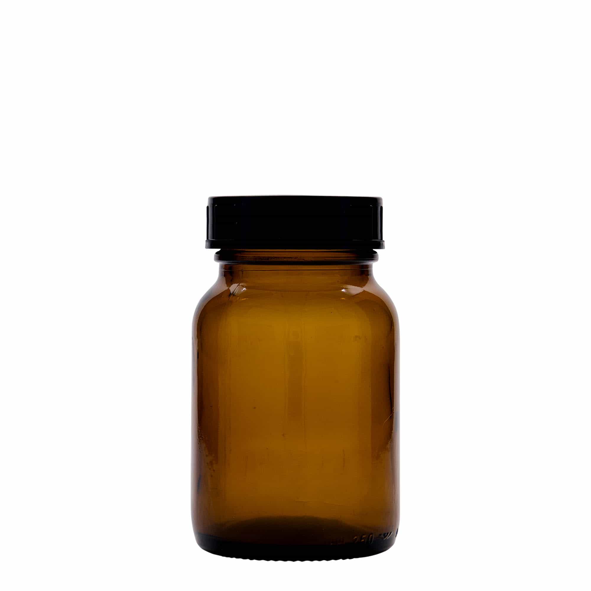 250 ml burk med bred hals, brun, mynning: DIN 55