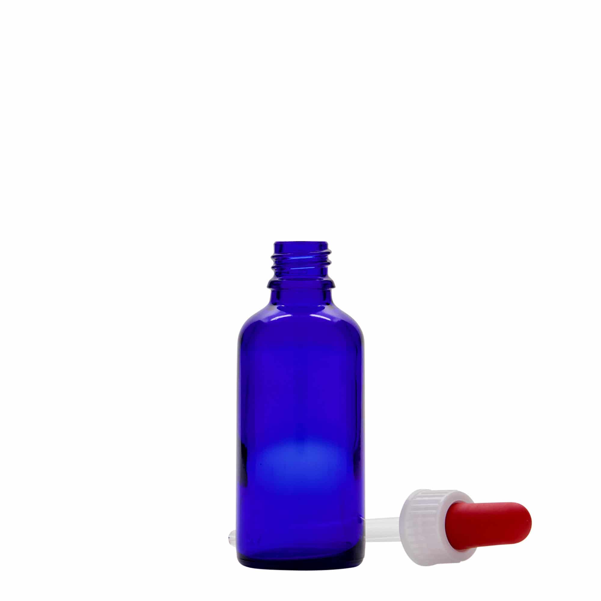 50 ml flaska med pipett, medicin, glas, kungsblå-röd, mynning: DIN 18