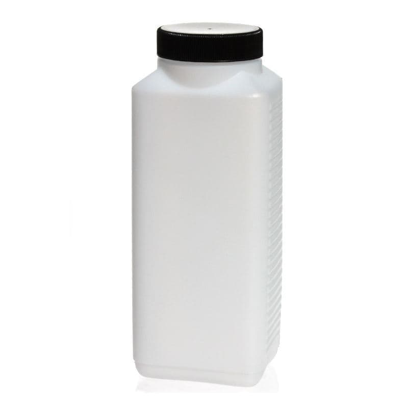 1 000 ml flaska med bred hals, rektangulär, HDPE-plast, natur, mynning: DIN 60 EPE