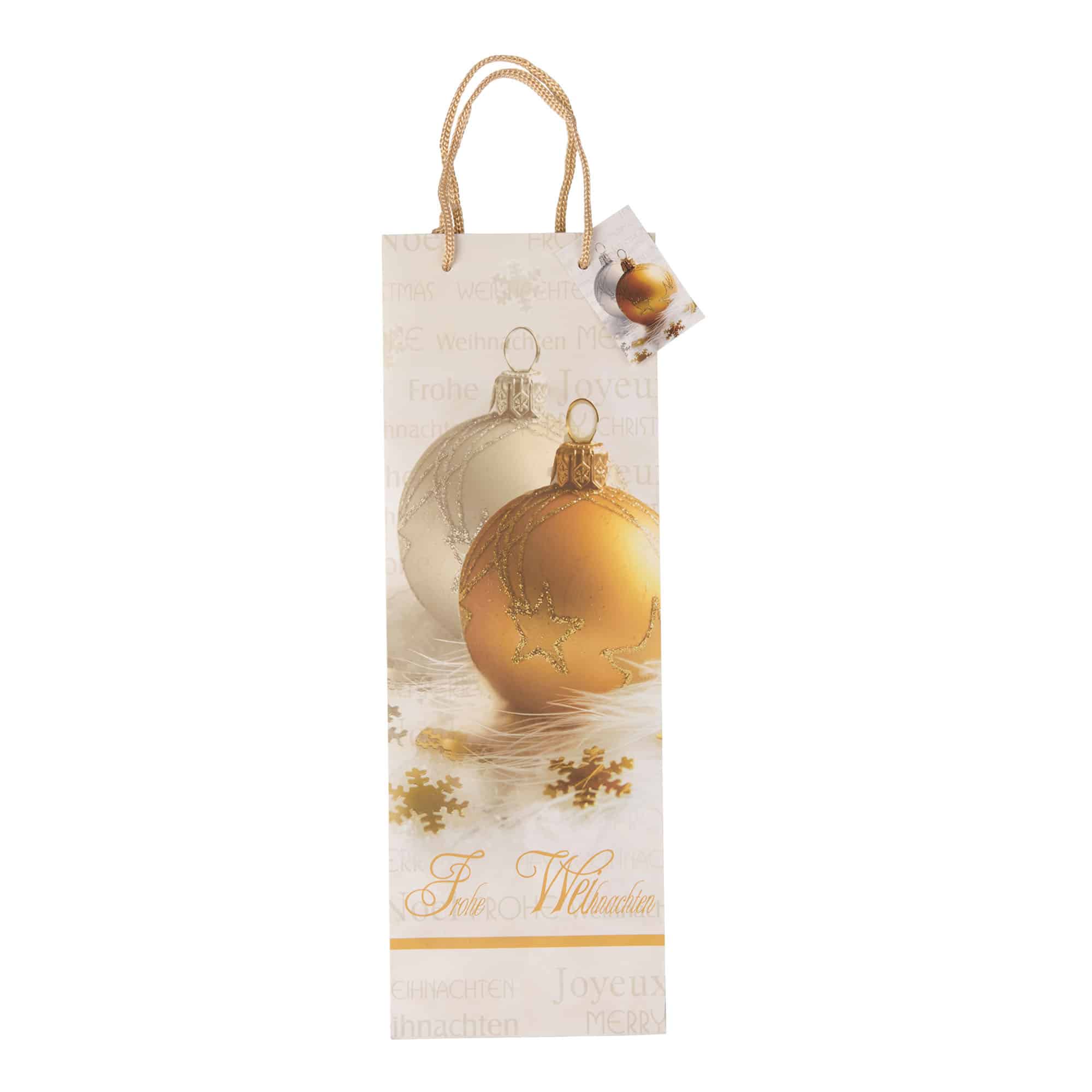 Presentpåse för flaska, motiv: God Jul, kvadratisk, papper, guld Presentpåse för flaska, motiv: God Jul, kvadratisk, papper, guld
