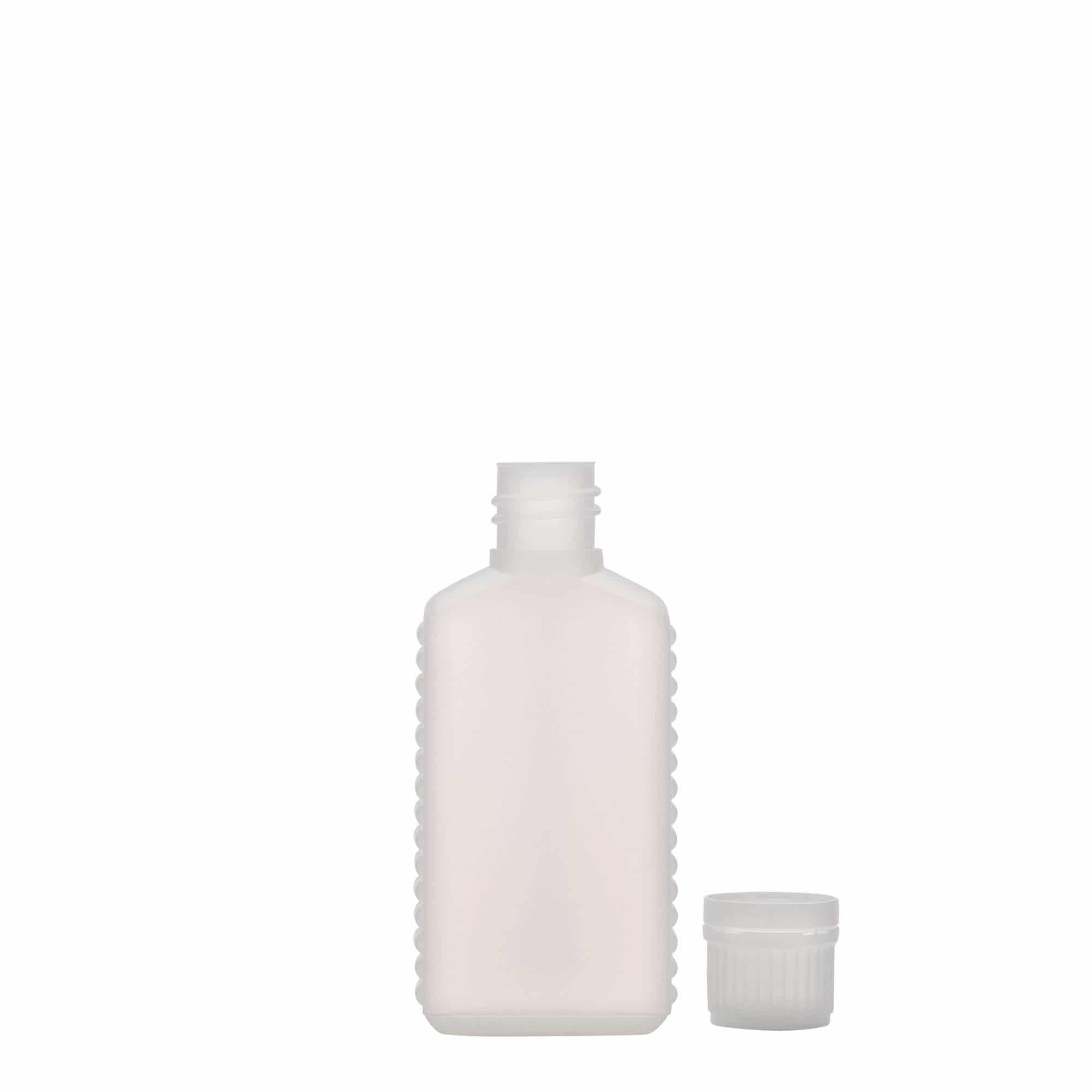 50 ml dunkflaska med smal hals, rektangulär, HDPE-plast, naturfärgad, öppning: DIN 18