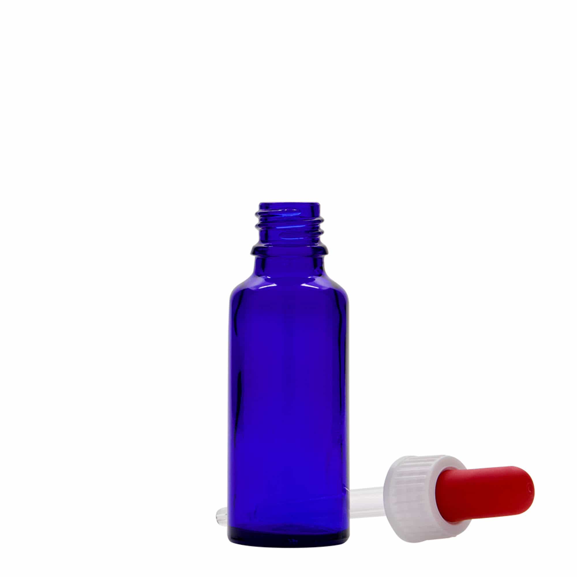 30 ml pipettflaska medicin, glas, kungligt blå-röd, mynning: DIN 18