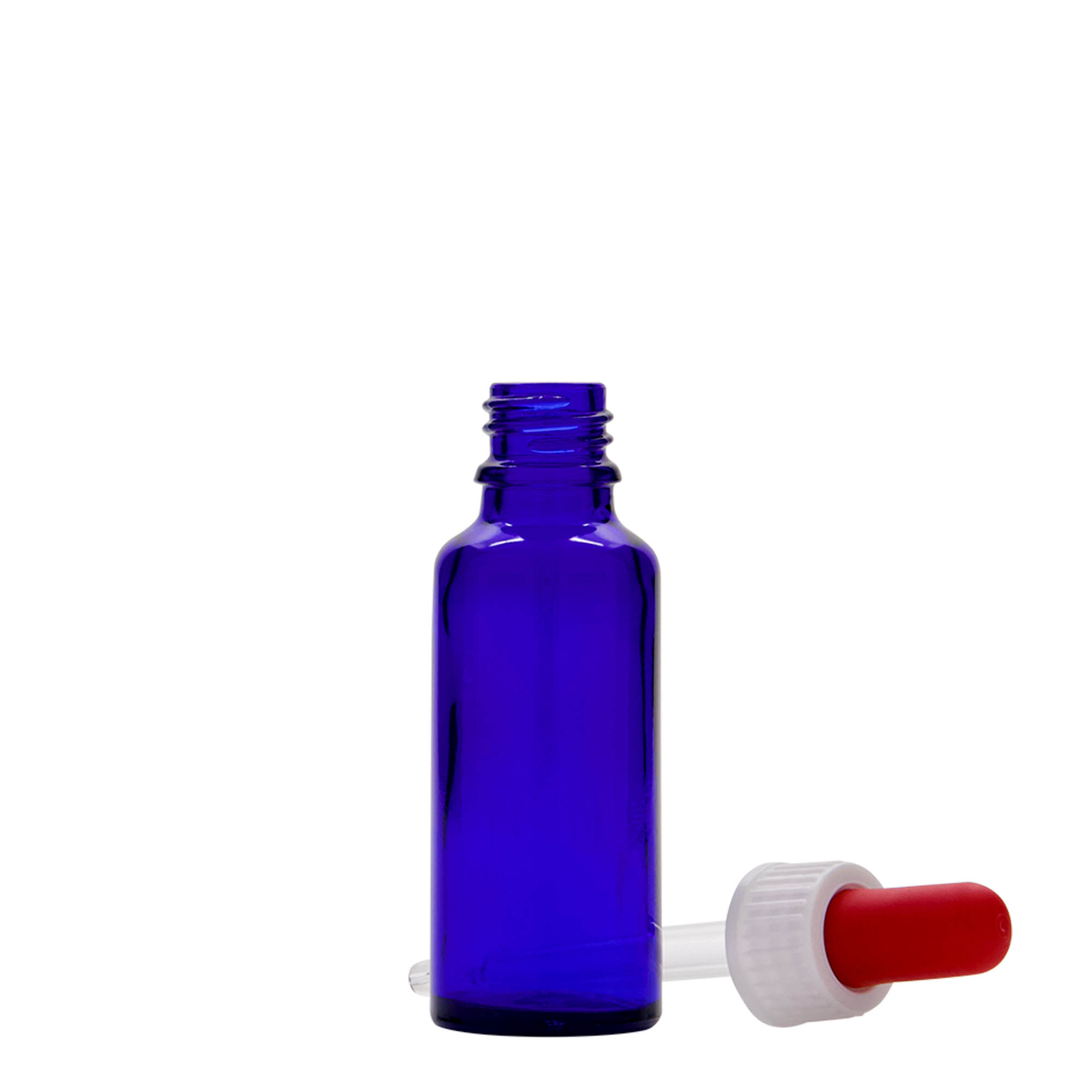 30 ml pipettflaska medicin, glas, kungligt blå-röd, mynning: DIN 18