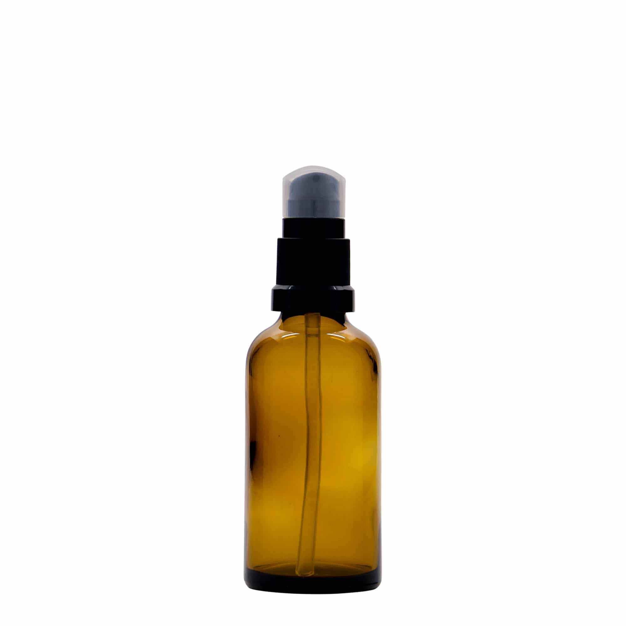 50 ml medicinflaska med lotionpump, glas, brun, mynning: DIN 18